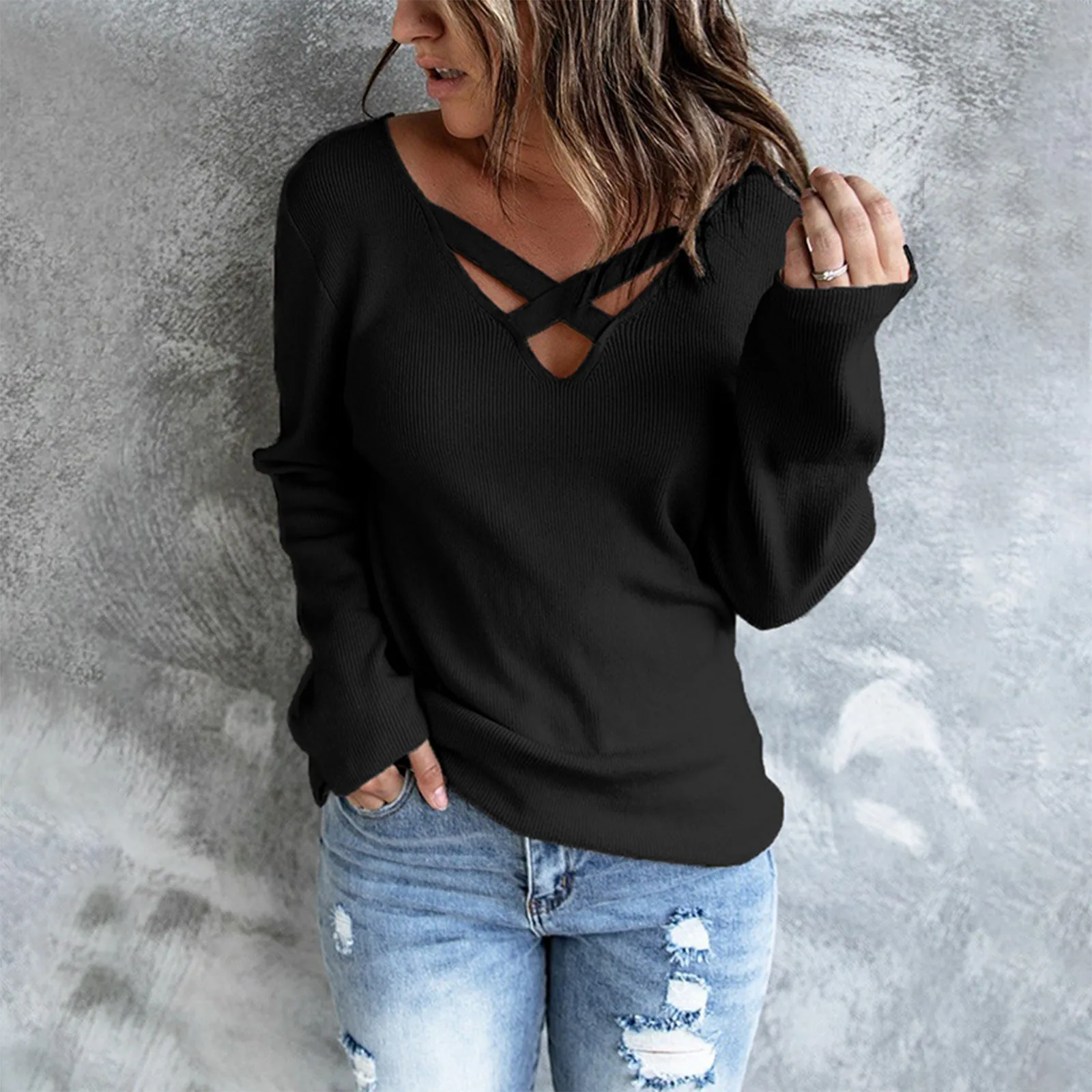 

Fashion Cris Cross V-Neck Knitted Sweater Casual Autumn Winter Loose Tops Pullover Ladies Female Women Long Sleeve Blusas Jumper