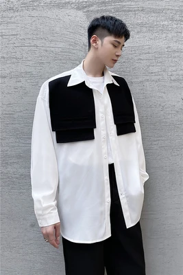 

Large Size Spring Black-and-white Patchwork Design Loose Long-sleeved Shirt Fashion Men's Korean Version of The Small Ruffian