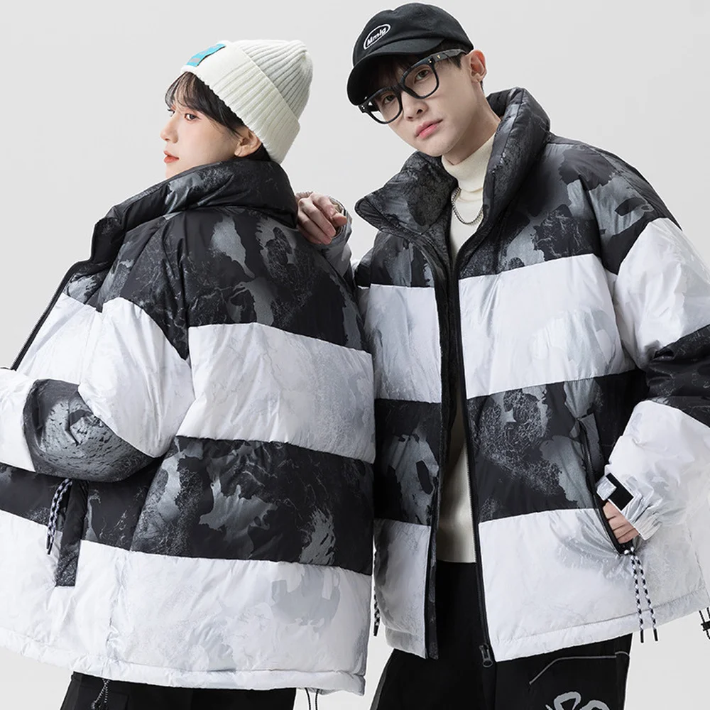 Covrlge Men Printing Jacket Brand Winter Hooded Thick Warm Duck Down Trend Loose Shiny Warm Coat Couples Streetwear Male MWY042