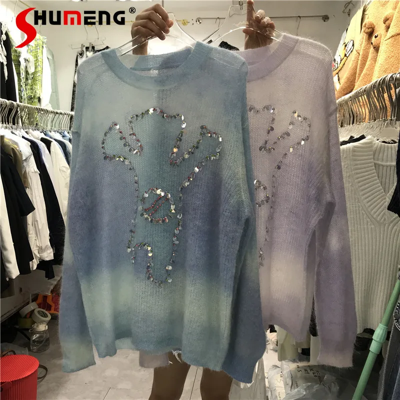 

Korean Fashion Women's Beaded Sequins Loose Mohair Dinified Knitted Top 2021 Autumn and Winter New Long Sleeve O Neck Knit Shirt