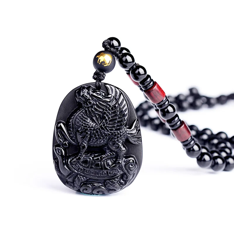 

Men Necklace Pendant Black Obsidian Ancient Beast Unicorn Auspicious Pendant Gift for Women Fine Jade Jewelry