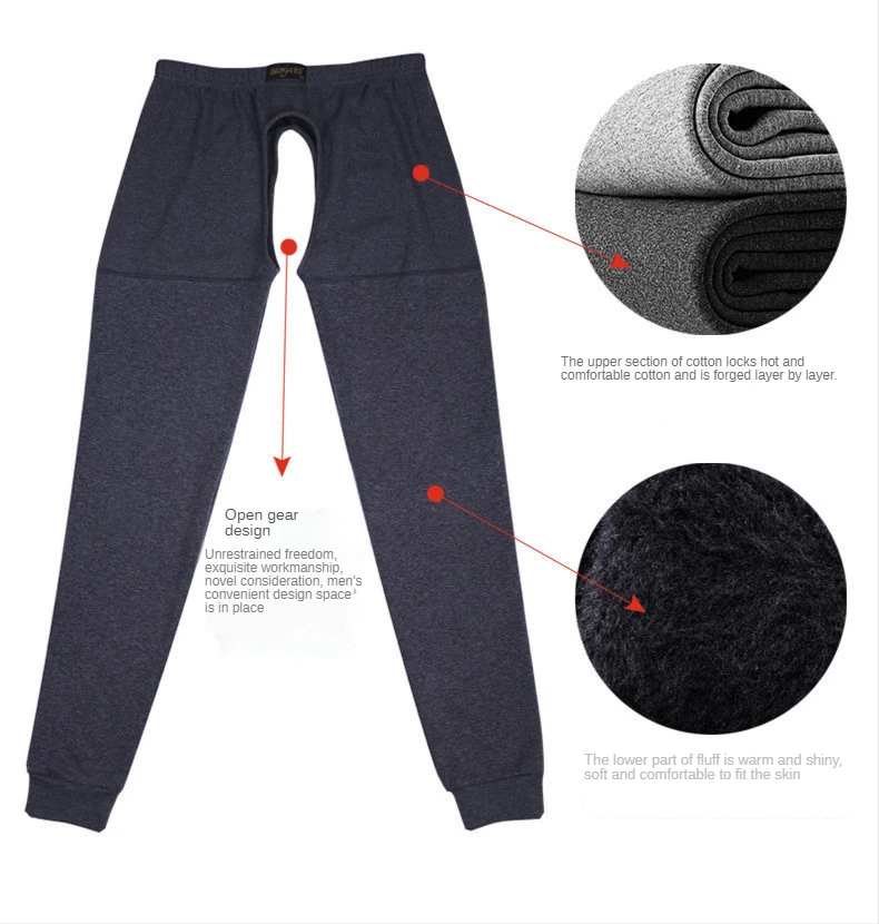 Winter Warm Velvet Long Pants Front Open Separation Men's Underwear Plus Velvet Tight Comfortable Pajamas Cold-proof Sex Legging