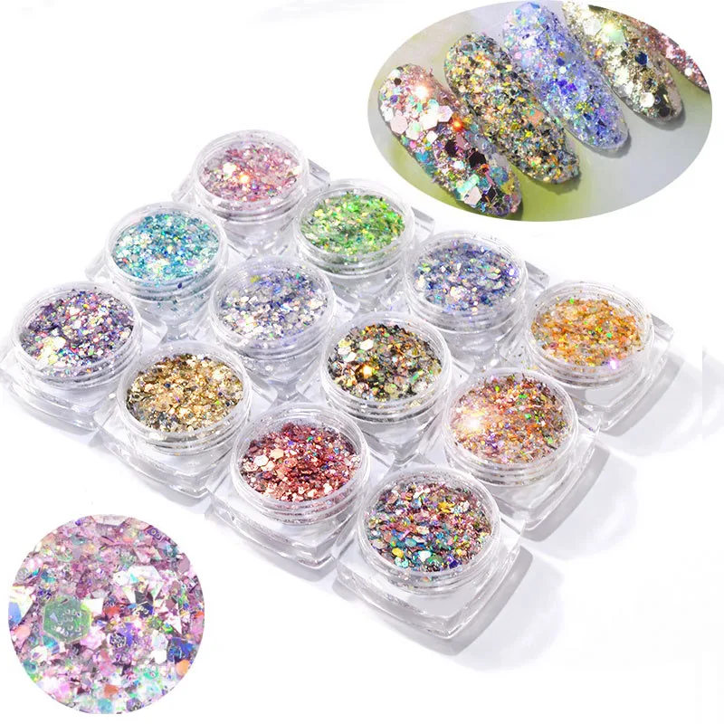 

12 Boxes Mermaid Glitter Nail Sequins Iridescent Flakes Colorful Paillette Festival Foil Cosmetic Face Hair Body Makeup Tips