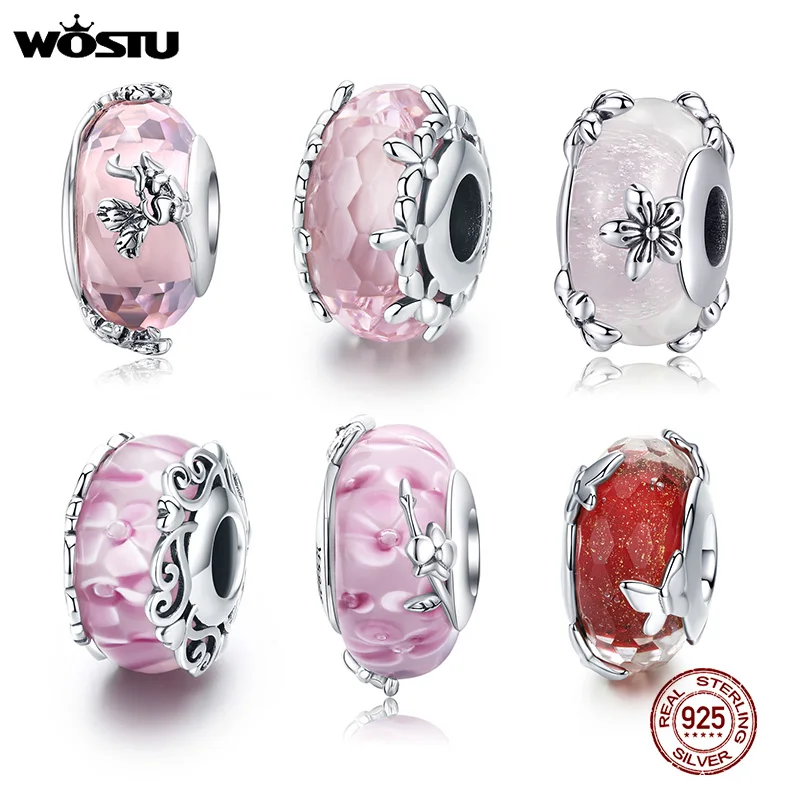 

WOSTU Real 925 Sterling Silver Murano Glass Pink Beads Crystal Round Charms Fit Original Bracelet Pendant Luxury Jewelry Making