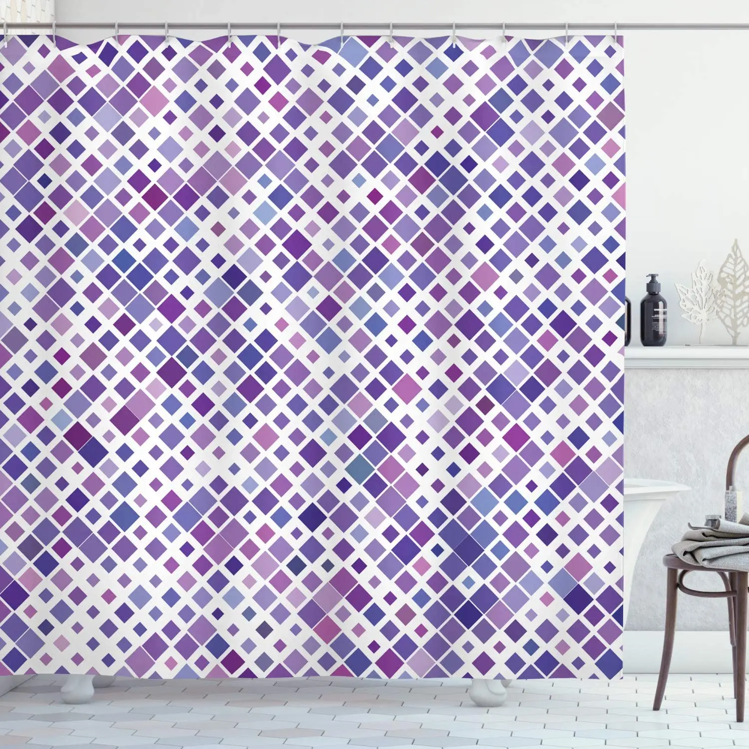 

Lavender Shower Curtain Retro Mosaic Creative Pattern Square Rhythm Abstract Art Print Design Bathroom Decor Set with Hooks 70"