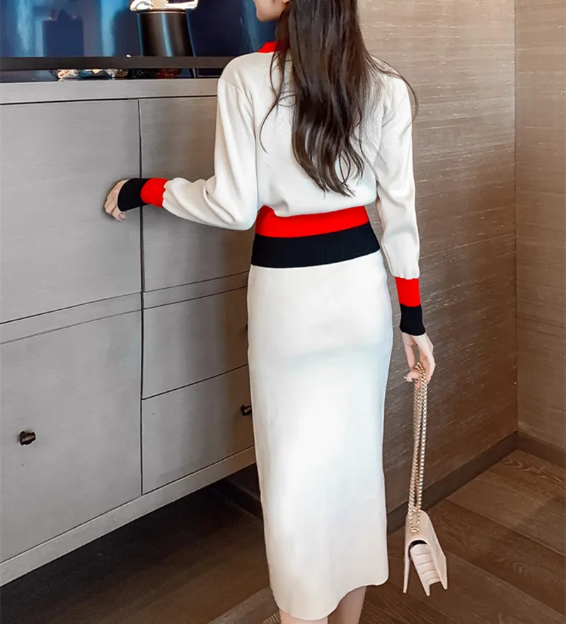 

Korean Knitted 2 Piece Skirt Sets Women Single-breasted Splicing Sweaters + Elastic Force Skirt Suits Casual Fashion Elegant Set