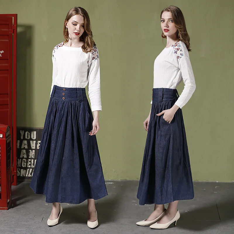 Женская джинсовая юбка винтажная плиссированная с высокой талией джинсы макси