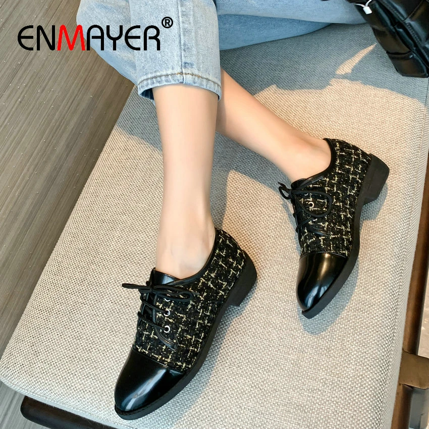 

ENMAYER Casual Round Toe Lace-Up Ladies Shoes 2020 Basic PU Luxury Shoes Women Spring/Autumn Classics Women Shoes 34-41