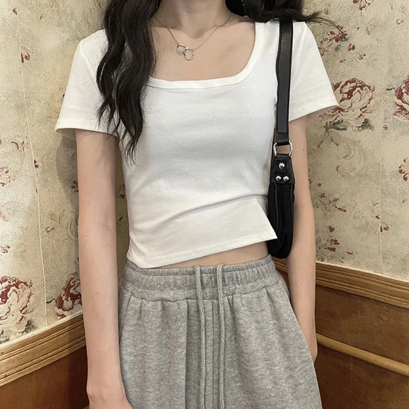 

Pure Color Cotton T-Shirt 2021 New Summer Short Slim Short-Sleeved Square Collar Top Hot Girl Style Ins Tide
