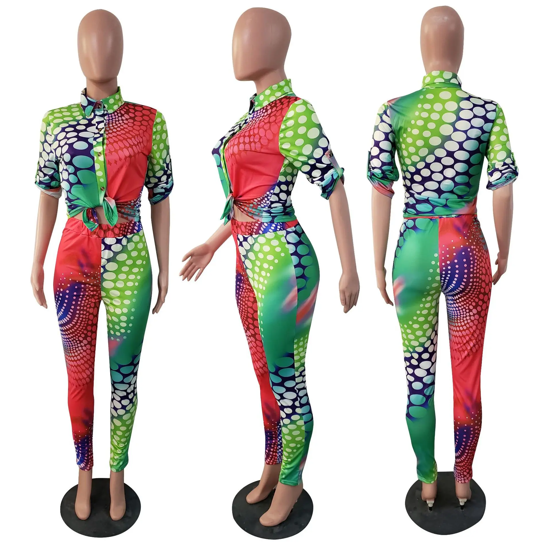 

Rainbow Polka Dot Tie Dye Print 2 Piece Set Women's Tracksuit Turn Down Collar Long Sleeve Crop Top and Fitness Jogger Sweatsuit