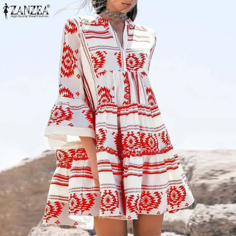 ZANZEA богемное женское платье в стиле пэчворк с принтом мини Vestidos женские летние пляжные платья для вечеринок сексуальное открытое платье с v-образным вырезом размера плюс 5XL