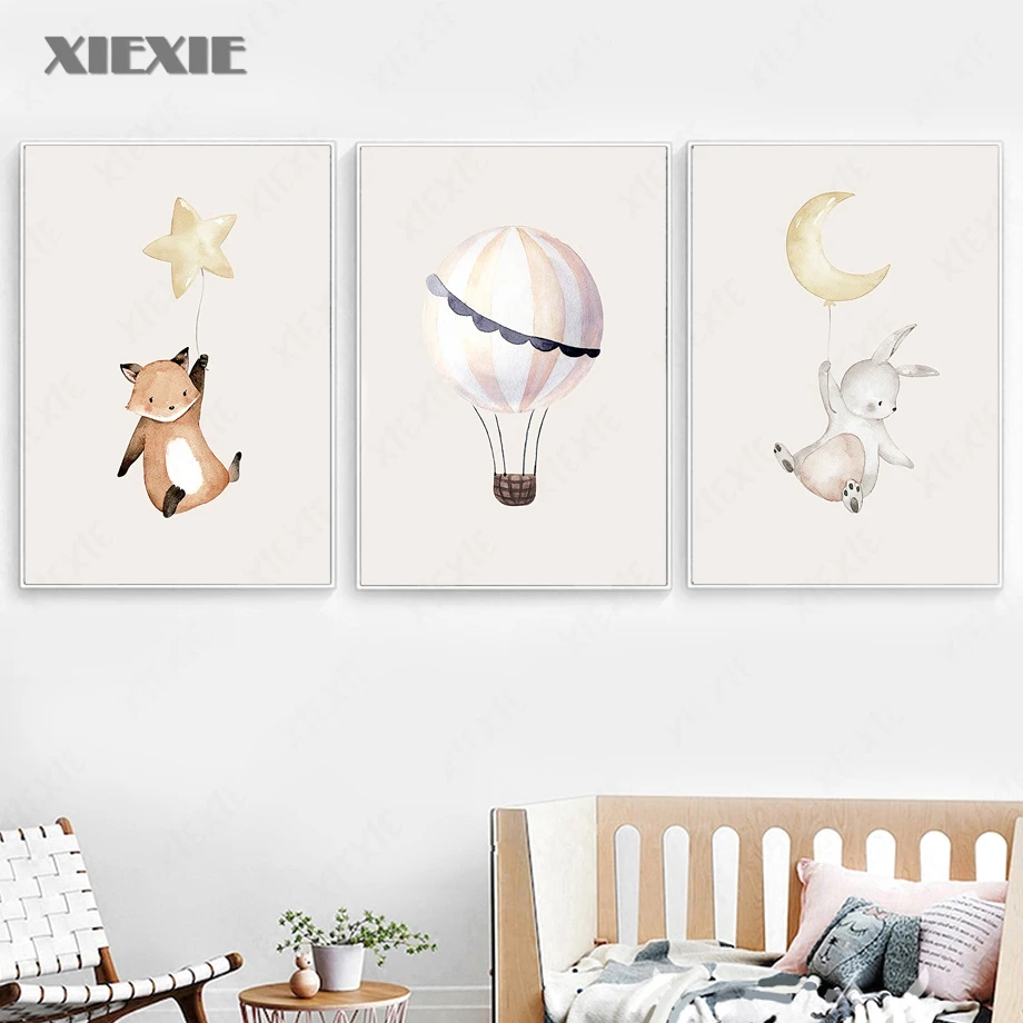 Rabbit Fox Sheep Balloon Star Moon Wall Art Canvas Painting Nordic Posters Prints Animals Kids Baby Room Dec Wall Decor Pictures