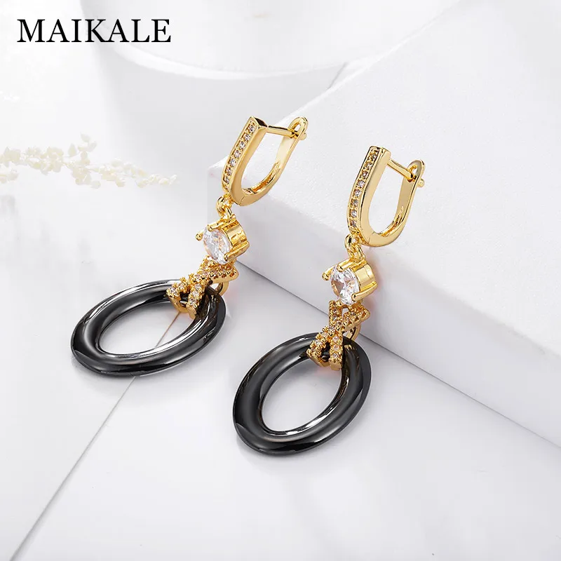 MAIKALE, новые модные керамические висячие серьги, круглая форма х, медь AAA, фианит, черное белое золото; серебро; Сережки для женщин