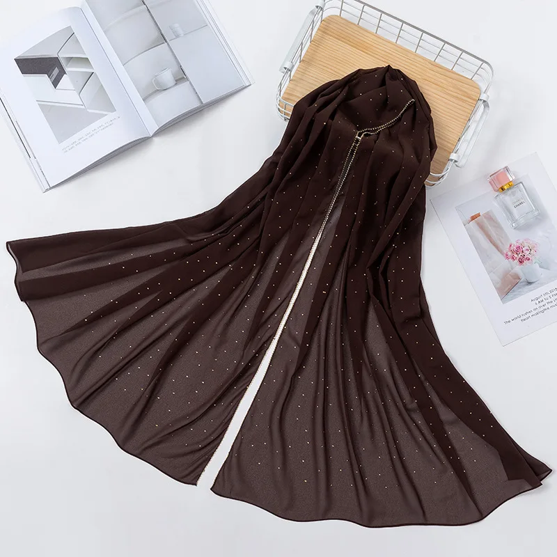 

2021 Top Luxury Brand Designer Ins Hot-selling Pearl Chiffon Hot Drill Cap Yarn Scarf Chain Lady Shawl Wrap Scarf Top Quolity