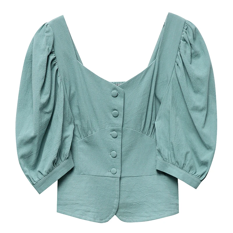 

2021 summer new style Korean women's retro short top puff sleeve square neck slim shirt female niche top women's clothing