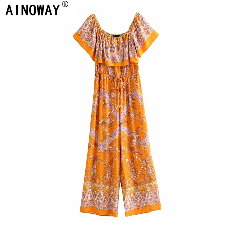 Винтажные шикарные женские оранжевые Боди без рукавов с цветочным принтом в