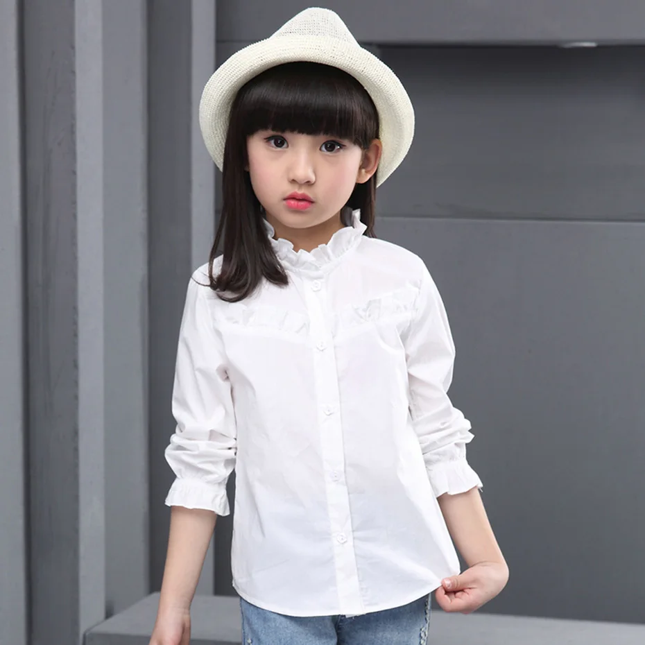 Белая блузка для девочек рубашки школьная девочек-подростков однотонная одежда