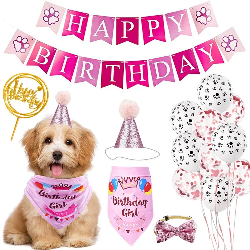 

Kawai Creative Pet Birthday Party Set Cartoon Dog Flag Cake Hat Balloon Decoration Props Decor Supplies Holiday Dress Up Set