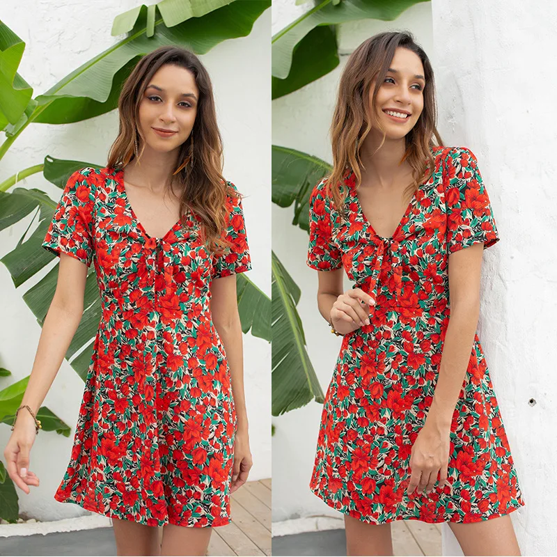 

Women Summer Short Sleeve Dress V Neck Print Red Sexy Party Dress