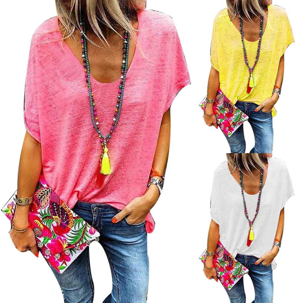 

T Shirt Women Fashion Tops Plus Size Candy Color V Neck Short Sleeve T-Shirt Summer Tee Women Loose Top Tees T Shirts Female