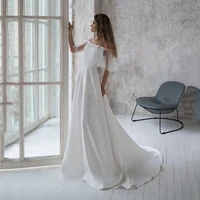 uzn elegant wedding dress a line scoop neckline short sleeves satin bridal dress open back brides dress with beading belt