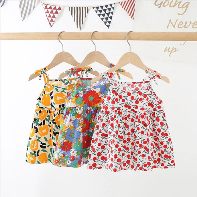 

New Girls' Dress Summer Princess Middle Small Children's Dress Cute Cherry Cotton Sling Lovely Version Sling Clothes