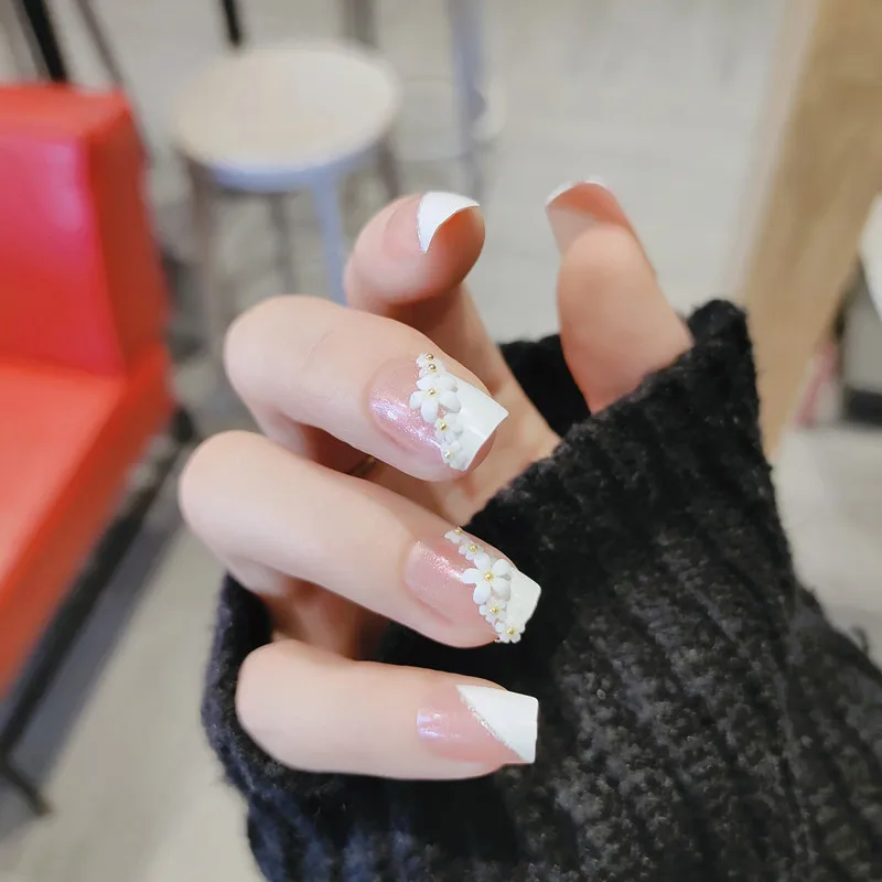 

24pcs Flower Printed Nails Patch Square Head Glue Type Mid Length Paragraph Fashion Removable Manicure False Nails Patch WD