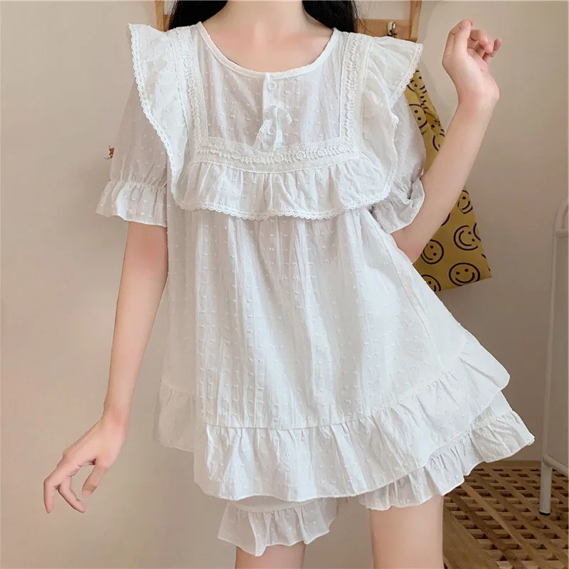 2021 Summer New Palace Style Pure Cotton Pajamas Women's Sweet Princess Style Short Sleeve Ruffle Housewear Female Sleepwear