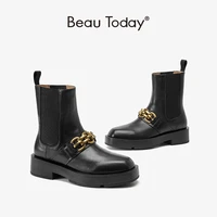 beautoday ankle boots platform women cow leather chelsea metal chain decor elastic band female thick sole shoes handmade 03587