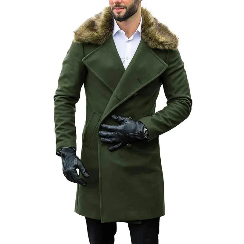 

Men Clothing 2021 Hot Style Men's Fashion Fur Collar Long-sleeved Coat Double-breasted Woolen Coat Trench Coat