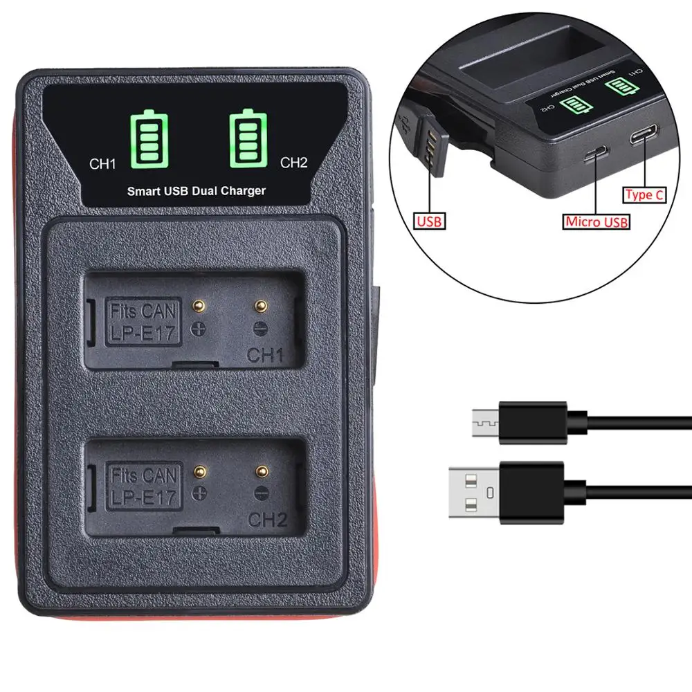 Зарядное устройство LPE17 LP E17 с двумя USB портами и светодиодной подсветкой 4 шт. для