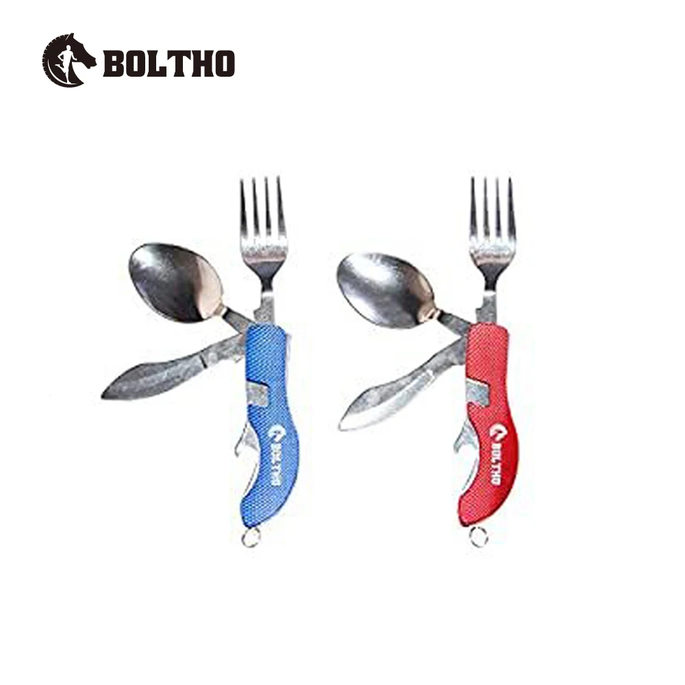 

4-in-1 Camping Flatware Folding Knife Fork Spoon Bottle Opener Detachable Tableware with Nylon Sheath (Red+Blue)