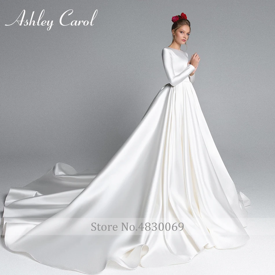 Эшли Карол мусульманское свадебное платье 2021 элегантное атласное с О образным