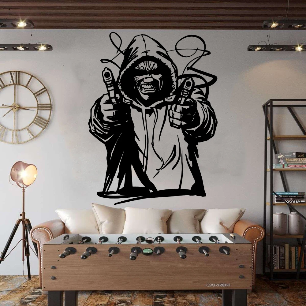 

Современная виниловая наклейка на стену для стрельбы в гангстерском стиле, жесткий парень-убийца с пистолетом, для гостиной, мужской пещеры...