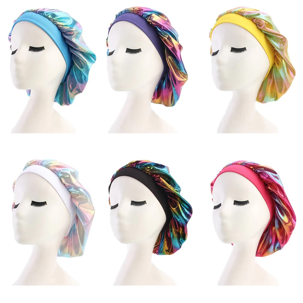 

Satin Bonnet Hair Styling Cap Adjust Colorful Long Hair Care Lady Night Sleep Hat Women Laser Silk Head Wrap Shower Nightcap