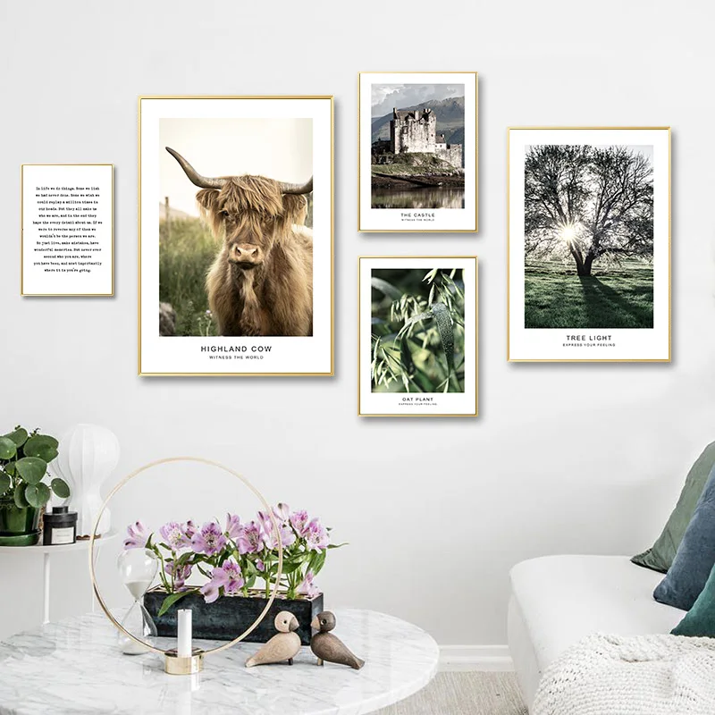 

Nature Landscape Nordic Decoration Canvas Poster Quotes Print Scandinavian Cow Tree Sunbeam Picture Painting Living Room Decor