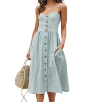 50 hot sales women sling dress solid color single breasted spaghetti straps backless midi dress for summer