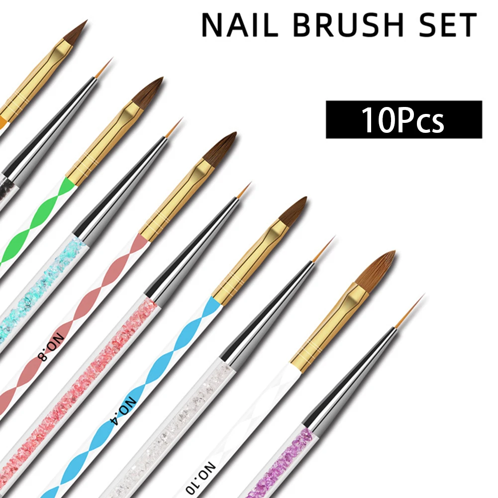 

10pcs Drawing Pen Carving Dotting Liner Painting With Crystals Manicure Tool Portable Nylon Hair UV Gel Nail Art Brush Set