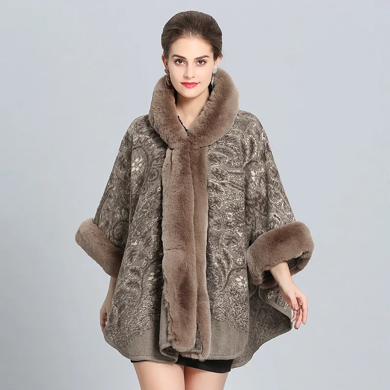 

2021 New European and American autumn and winter new hooded shawl cloak female imitation fox fur collar all-match woolen coat