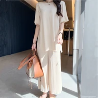 summer womens short sleeve knitted suit casual 2 piece set loose solid side split ice silk top wide leg pants female outfits