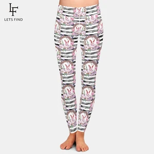 LETSFIND 2021 New 3D Spring Happy Easter Pattern With Bunny Print High Waist Leggings Soft Slim Fitn