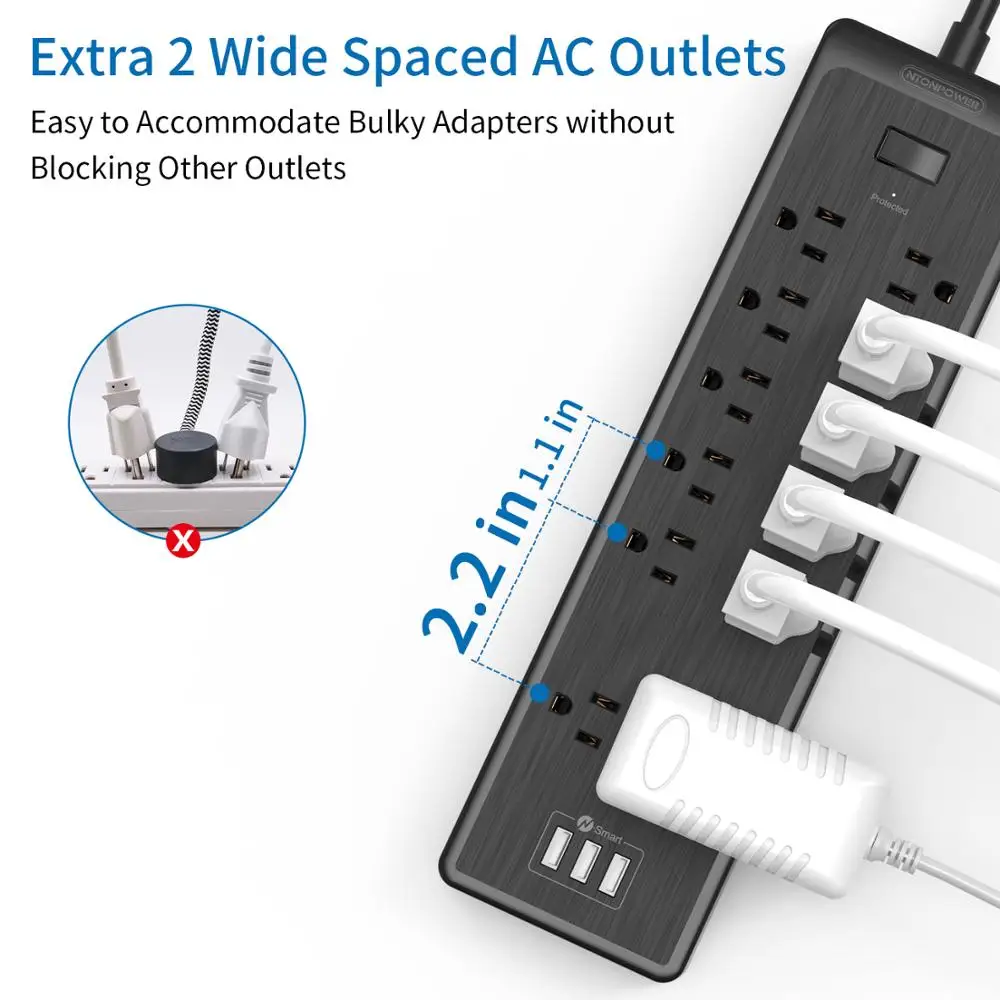 NTONPOWER US Power Strip Surge Protector Extension Cord 12AC Plug Multiple Outlets For Electricity Home Office Kitchen | Электроника