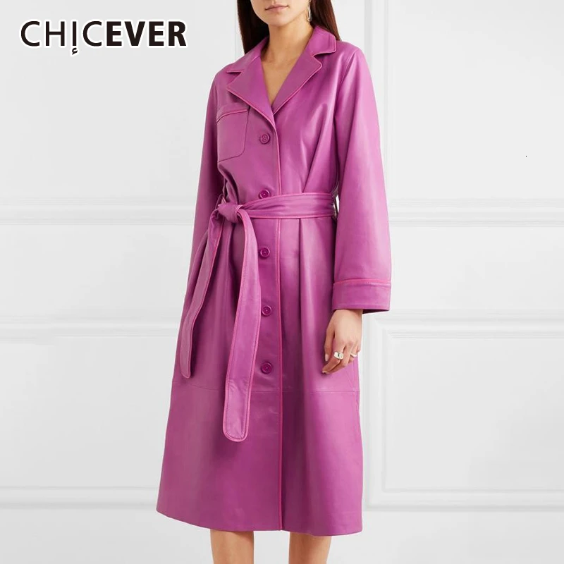 Женская ветровка из искусственной кожи CHICEVER Тренч на шнуровке с отложным