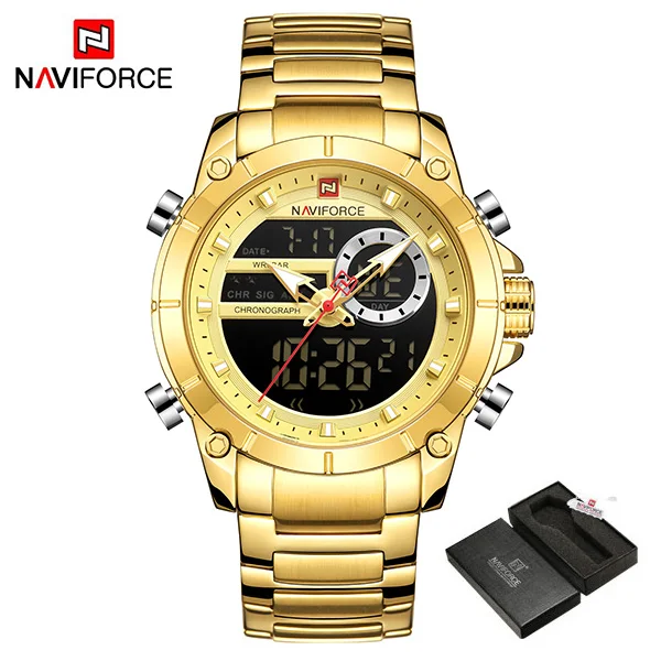 GoldWithBox NAVIFORCE новые мужские спортивные часы Топ люксовый бренд кварцевые наручные часы для мужчин водонепроницаемый двойной дисплей дата часы Relogio Masculino - Цвет: GoldWithBox