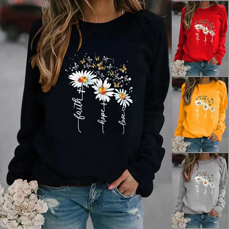 

Three Daisy Printed Hoodies Women Fleece Long Sleeve O Neck Loose Sweatshirt Girls Women Hoodie Pullovers Winter Autumn
