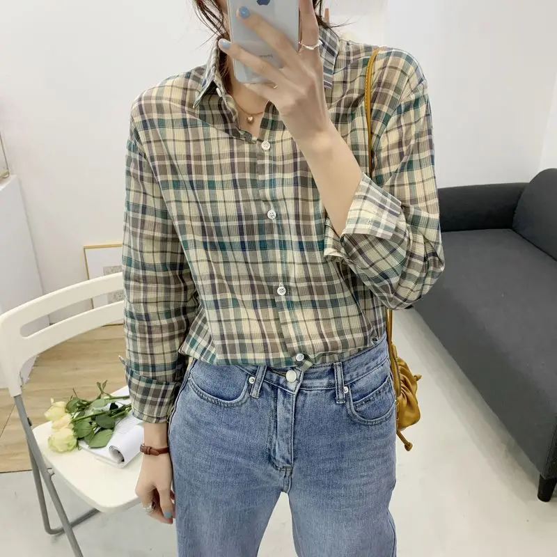 

Женские простые рубашки в клетку, повседневные винтажные блузки с отложным воротником и длинными рукавами, подходящие ко всему шикарные Бл...