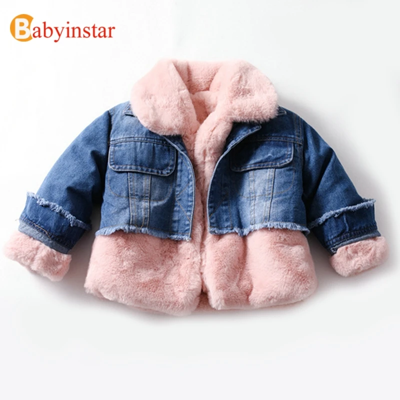 Детская джинсовая куртка Babyinstar зимняя утепленная плюшевая в стиле пэчворк для