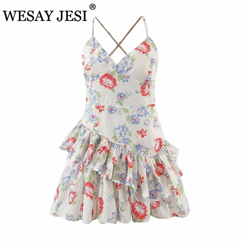 

WESAY JESI Women Clothing Dress TRAF ZA Fashion Sexy Colorful Tube Top Sleeveless Floral Chiffon Print Ruffle Mini Sling Lady