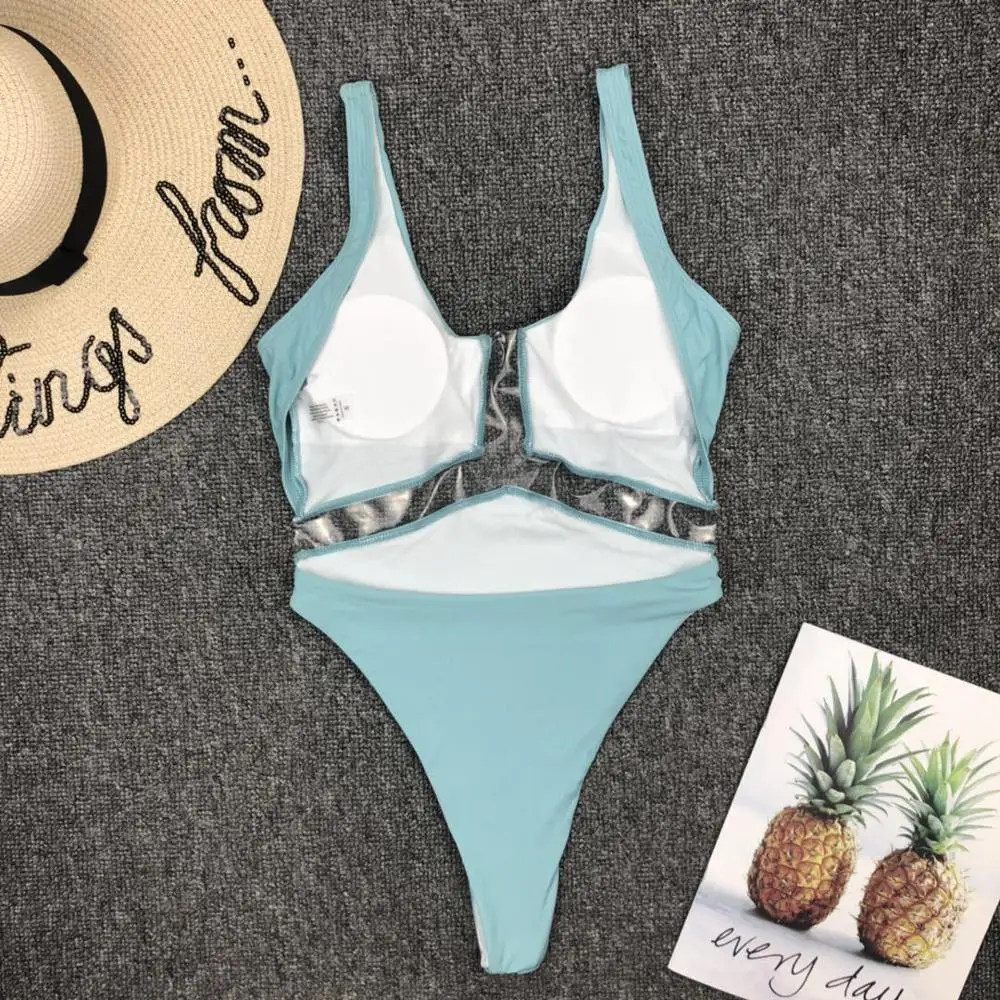 

Ribbed One Piece Swimsuit Sexy Transparent Patchwork High Cut Swimwear Summer mujer Push Up Backless Bikini Monokini Bodysuit