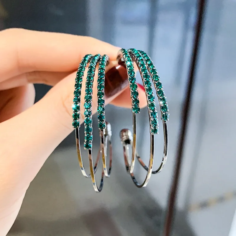 

FENGLI Shiny Rhinestone Colorful Circle Hoop Earrings Round Geometric Blue Punk Drop Earring Loop Big Ear Rings Jewelry